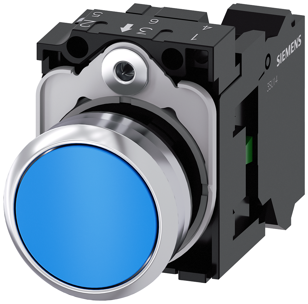 Siemens SIRIUS Pushbutton, 22 mm, round, metal, shiny, blue, pushbutton, flat, momentary contact type, 1 NO, Spring-type terminal (3SU1150-0AB50-3BA0)