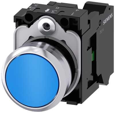 Siemens SIRIUS Pushbutton, 22 mm, round, metal, shiny, blue, pushbutton, flat, momentary contact type, 1 NO, Spring-type terminal