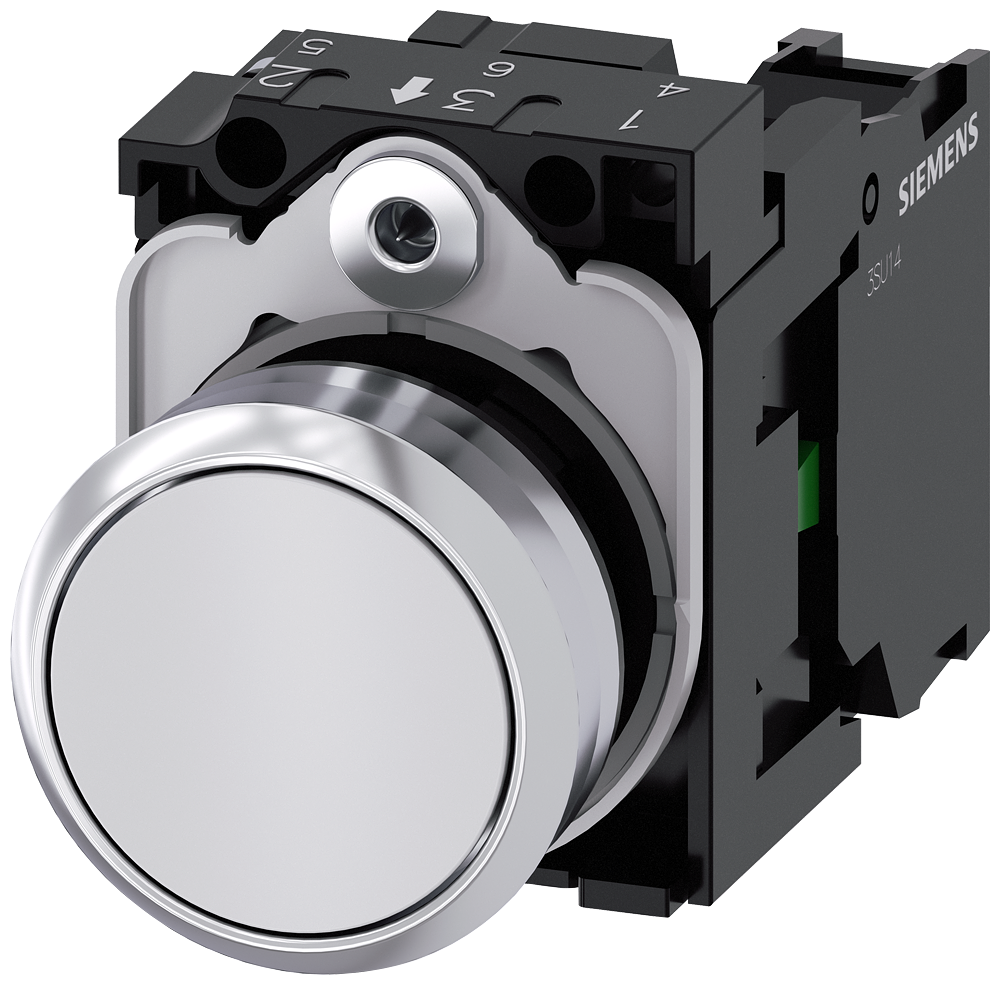 Siemens SIRIUS Pushbutton, 22 mm, round, metal, shiny, white, pushbutton, flat, momentary contact type, 1 NO, screw terminal (3SU1150-0AB60-1BA0)