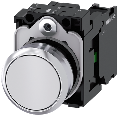 Siemens SIRIUS Pushbutton, 22 mm, round, metal, shiny, white, pushbutton, flat, momentary contact type, 1 NO, screw terminal
