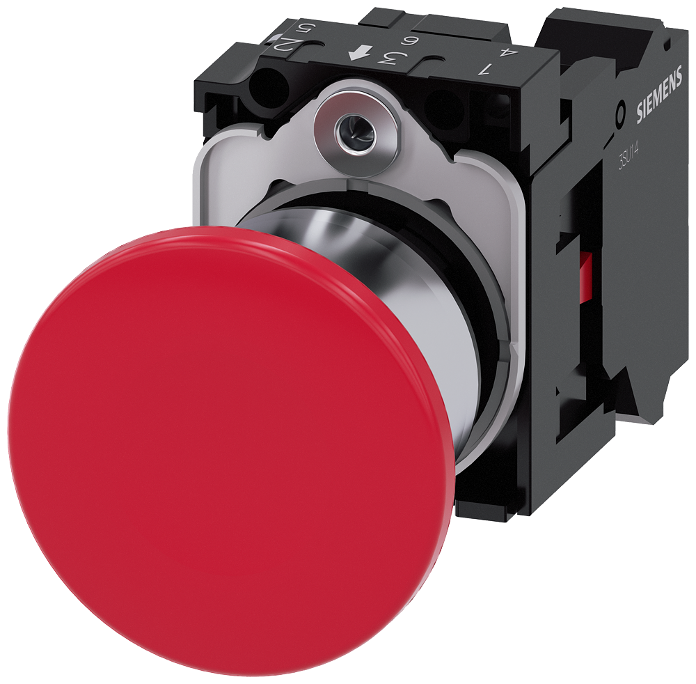 Siemens SIRIUS Mushroom pushbutton, 22 mm, round, metal, shiny, red, 40 mm, latching, pull-to-unlatch mechanism, with holder, 1 NC, Spring-type terminal (3SU1150-1BA20-3CA0)