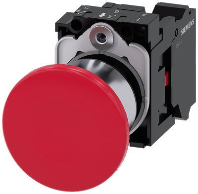 Siemens SIRIUS Mushroom pushbutton, 22 mm, round, metal, shiny, red, 40 mm, latching, pull-to-unlatch mechanism, with holder, 1 NC, Spring-type terminal