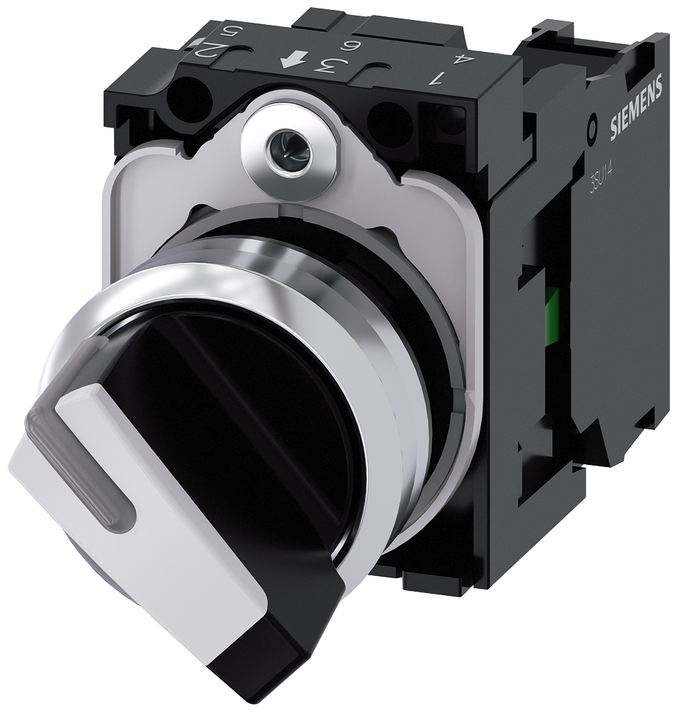 Siemens SIRIUS ACT Selector switch, illuminable, 22 mm, round, metal, shiny, white, selector switch, short, 2 switch positions O-I, latching, actuating angle 90°, 10:30H/13:30H, with holder, 1 NO, screw terminal (3SU1150-2BF60-1BA0)