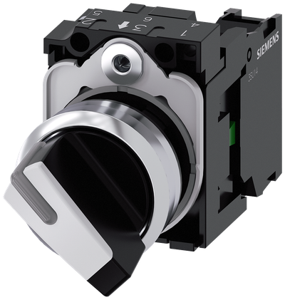 Siemens SIRIUS ACT Selector switch, illuminable, 22 mm, round, metal, shiny, white, selector switch, short, 2 switch positions O-I, latching, actuating angle 90°, 10:30H/13:30H, with holder, 1 NO, screw terminal