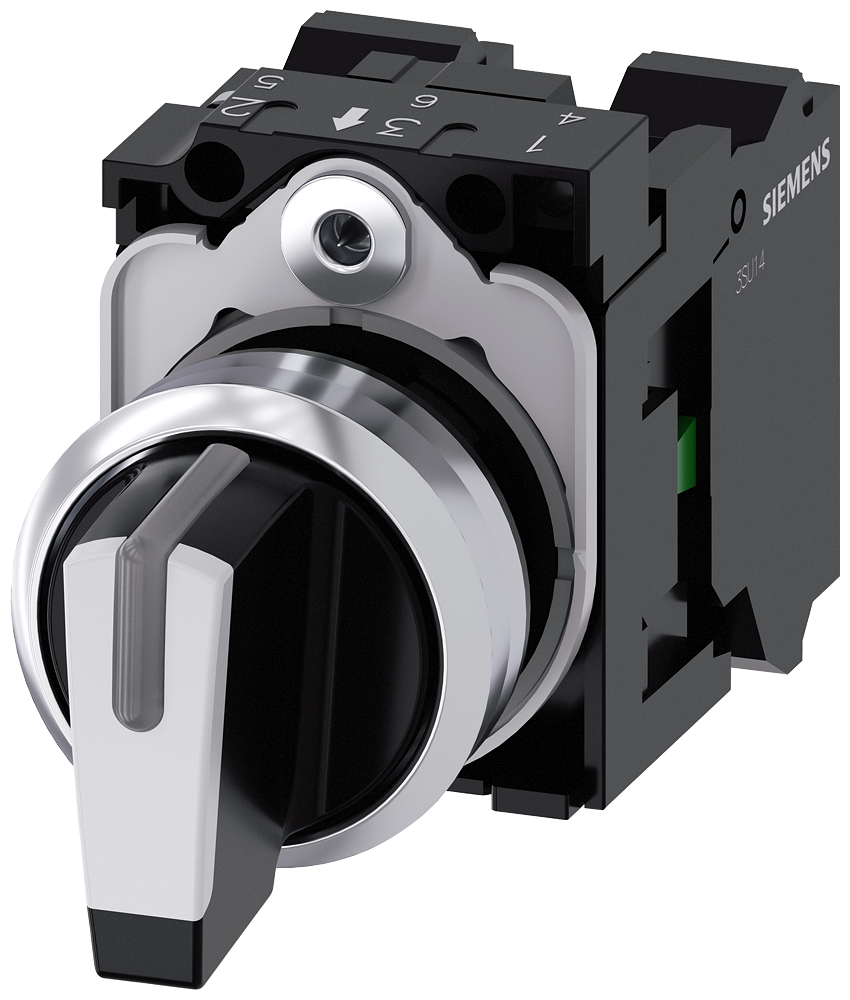 Siemens SIRIUS Selector switch, illuminable, 22 mm, round, metal, shiny, white, selector switch, short, 3 switch positions I>O<II, momentary contact type, actuating angle 2X45°, 10:30H/12H/13:30H, with holder, 1 NO, 1 NO, Spring-type terminal (3SU1150-2BM60-3NA0)