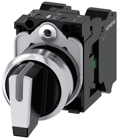 Siemens SIRIUS Selector switch, illuminable, 22 mm, round, metal, shiny, white, selector switch, short, 3 switch positions I>O<II, momentary contact type, actuating angle 2X45°, 10:30H/12H/13:30H, with holder, 1 NO, 1 NO, Spring-type terminal