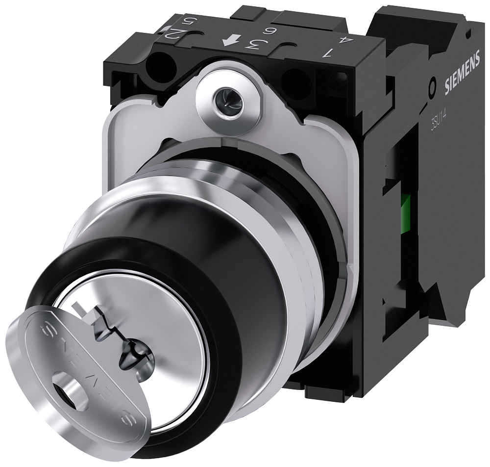 Siemens SIRIUS ACT RONIS key-operated switch, 22 mm, round, metal, shiny, lock number SB30, with 2 keys, 2 switch positions O-I, latching, actuating angle 90°, 10:30H/13:30H, key removal O+I, with holder, 1 NO, spring-type terminal, possible special locks: SB31, 421, 455 (3SU1150-4BF11-3BA0)