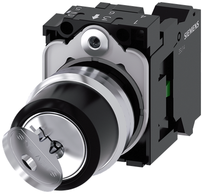 Siemens SIRIUS ACT RONIS key-operated switch, 22 mm, round, metal, shiny, lock number SB30, with 2 keys, 2 switch positions O-I, latching, actuating angle 90°, 10:30H/13:30H, key removal O+I, with holder, 1 NO, spring-type terminal, possible special locks: SB31, 421, 455