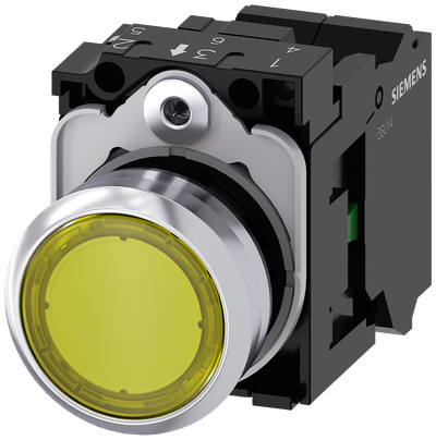 Siemens SIRIUS Metal Illuminated Pushbutton, Yellow, 1 NO, 24 V AC/DC