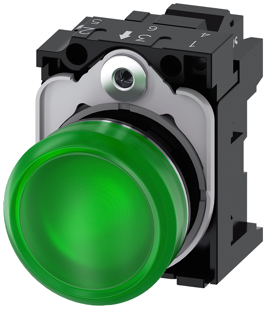 Siemens SIRIUS ACT Indicator light, 22 mm, round, metal, shiny, green, lens, smooth, with holder, LED module with integrated LED 24 V AC/DC, spring-loaded terminal (3SU1152-6AA40-3AA0)