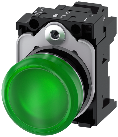 Siemens SIRIUS ACT Indicator light, 22 mm, round, metal, shiny, green, lens, smooth, with holder, LED module with integrated LED 24 V AC/DC, spring-loaded terminal