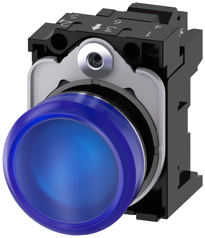 Siemens SIRIUS Indicator light, 22 mm, round, metal, shiny, blue, lens, smooth, with holder, LED module with integrated LED 24 V AC/DC, spring-loaded terminal (3SU1152-6AA50-3AA0)