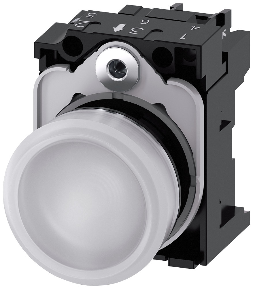 Siemens SIRIUS ACT Indicator light, 22 mm, round, metal, shiny, white, lens, smooth, with holder, LED module with integrated LED 24 V AC/DC, screw terminal (3SU1152-6AA60-1AA0)
