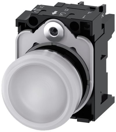 Siemens SIRIUS ACT Indicator light, 22 mm, round, metal, shiny, white, lens, smooth, with holder, LED module with integrated LED 24 V AC/DC, screw terminal