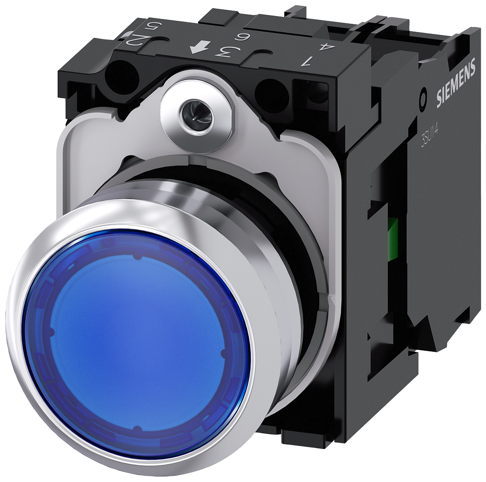 Siemens SIRIUS Illuminated pushbutton, 22 mm, round, metal, shiny, blue, pushbutton, flat, momentary contact type, with holder, 1 NO, LED module with integrated LED 230 V AC, screw terminal (3SU1156-0AB50-1BA0)