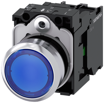 Siemens SIRIUS Illuminated pushbutton, 22 mm, round, metal, shiny, blue, pushbutton, flat, momentary contact type, with holder, 1 NO, LED module with integrated LED 230 V AC, screw terminal