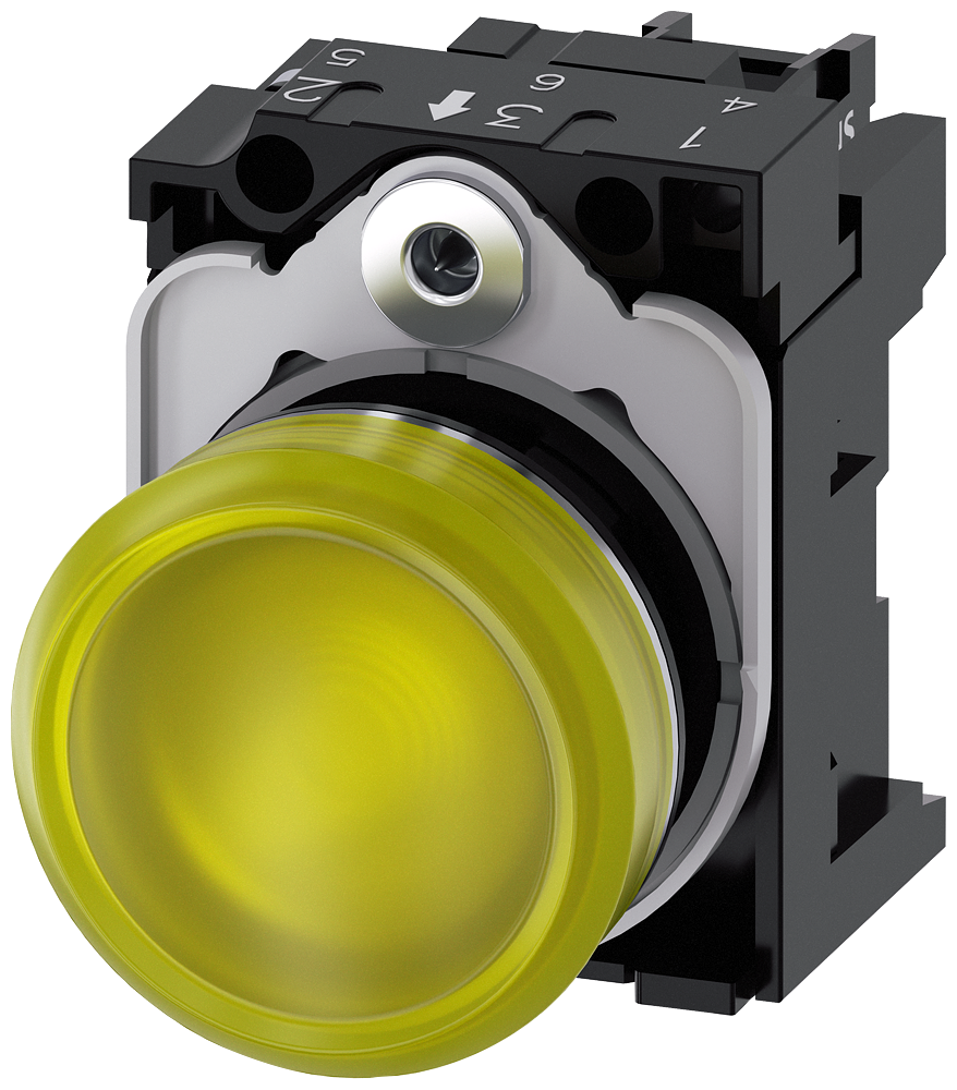Siemens SIRIUS ACT Indicator lights, 22 mm, round, metal, shiny, yellow, lens, smooth, with holder, LED module with integrated LED 230 V AC, screw terminal (3SU1156-6AA30-1AA0)