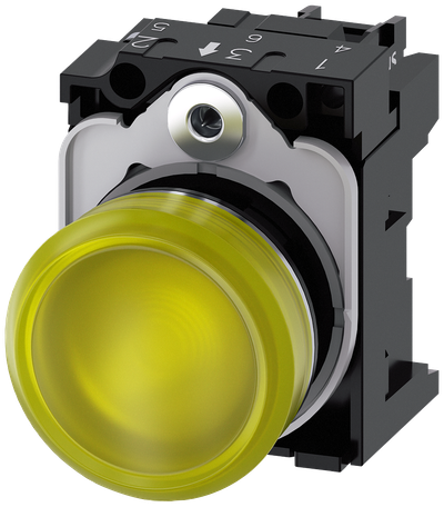 Siemens SIRIUS ACT Indicator lights, 22 mm, round, metal, shiny, yellow, lens, smooth, with holder, LED module with integrated LED 230 V AC, screw terminal