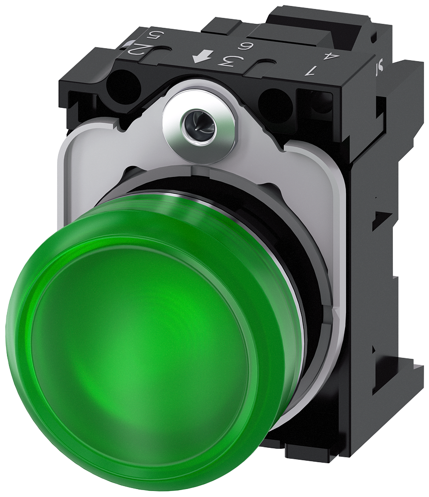 Siemens SIRIUS ACT Indicator lights, 22 mm, round, metal, shiny, green, lens, smooth, with holder, LED module with integrated LED 230 V AC, Spring-type terminal (3SU1156-6AA40-3AA0)