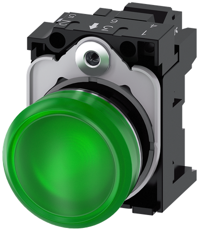 Siemens SIRIUS ACT Indicator lights, 22 mm, round, metal, shiny, green, lens, smooth, with holder, LED module with integrated LED 230 V AC, Spring-type terminal