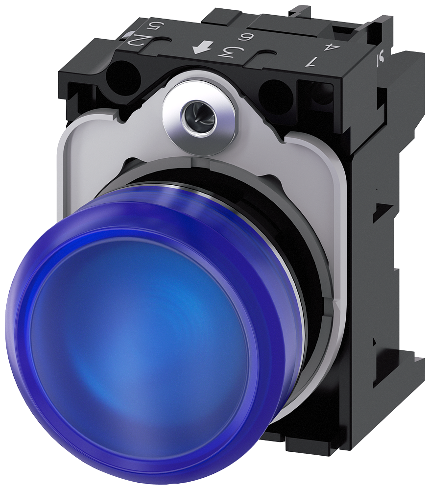 Siemens SIRIUS Indicator lights, 22 mm, round, metal, shiny, blue, lens, smooth, with holder, LED module with integrated LED 230 V AC, screw terminal (3SU1156-6AA50-1AA0)