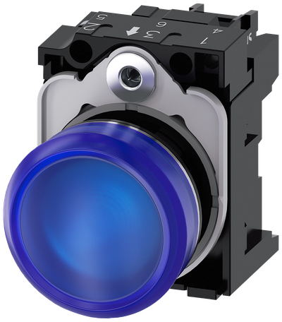 Siemens SIRIUS Indicator lights, 22 mm, round, metal, shiny, blue, lens, smooth, with holder, LED module with integrated LED 230 V AC, screw terminal