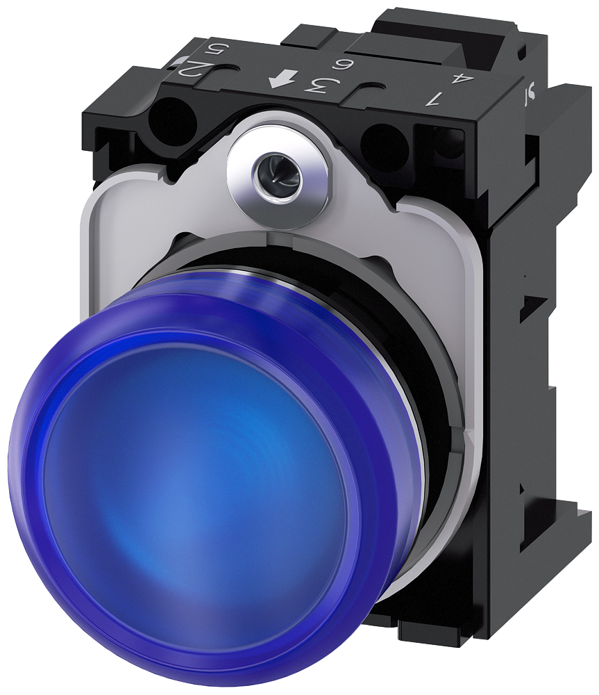 Siemens SIRIUS Indicator lights, 22 mm, round, metal, shiny, blue, lens, smooth, with holder, LED module with integrated LED 230 V AC, Spring-type terminal (3SU1156-6AA50-3AA0)