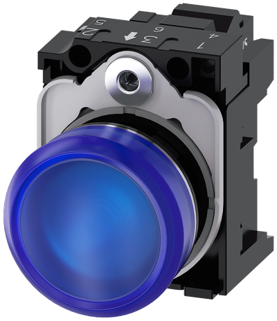 Siemens SIRIUS Indicator lights, 22 mm, round, metal, shiny, blue, lens, smooth, with holder, LED module with integrated LED 230 V AC, Spring-type terminal