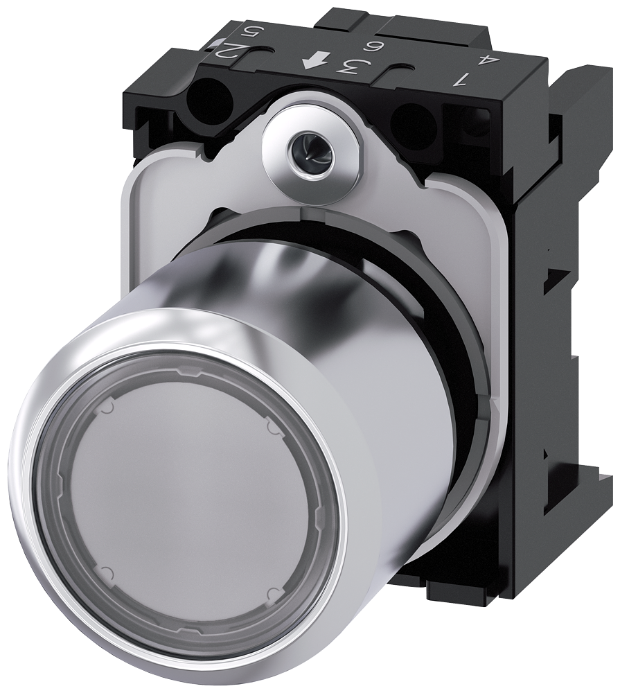 Siemens SIRIUS Pushbutton, compact, with extended stroke (12 mm), 22 mm, round, metal, clear, pushbutton, flat, momentary contact type, with holder (3SU1251-0EB70-0AA0)