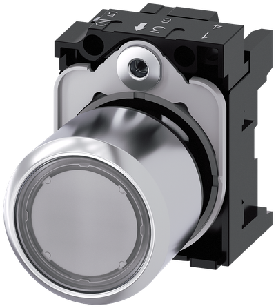 Siemens SIRIUS Pushbutton, compact, with extended stroke (12 mm), 22 mm, round, metal, clear, pushbutton, flat, momentary contact type, with holder