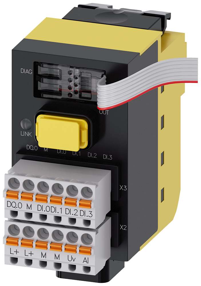 Siemens SIRIUS ACT with PROFINET: fail-safe interface module with 4 DI, 1 DQ (24 V DC), 1 AI (12-Bit A/D resolution), 24 V DC, spring-loaded terminal, front plate mounting, 1 to 20 terminal modules connectable (3SU1400-1LL10-3BA1)