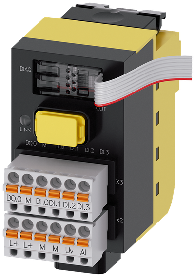 Siemens SIRIUS ACT with PROFINET: fail-safe interface module with 4 DI, 1 DQ (24 V DC), 1 AI (12-Bit A/D resolution), 24 V DC, spring-loaded terminal, front plate mounting, 1 to 20 terminal modules connectable