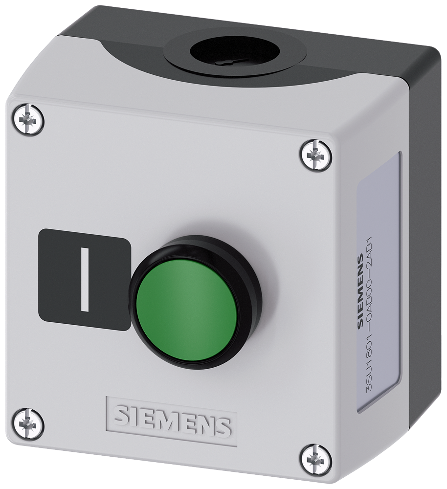 Siemens SIRIUS ACT Enclosure for command devices, 22 mm, round, Enclosure material plastic, enclosure top part gray, 1 control point plastic, Recess for label, A=Pushbutton green, label: I, 1 NO, screw terminal, floor mounting, Label enclosed (3SU1801-0AB00-2AB1)