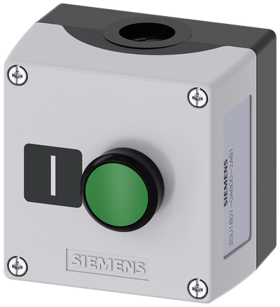 Siemens SIRIUS ACT Enclosure for command devices, 22 mm, round, Enclosure material plastic, enclosure top part gray, 1 control point plastic, Recess for label, A=Pushbutton green, label: I, 1 NO, screw terminal, floor mounting, Label enclosed