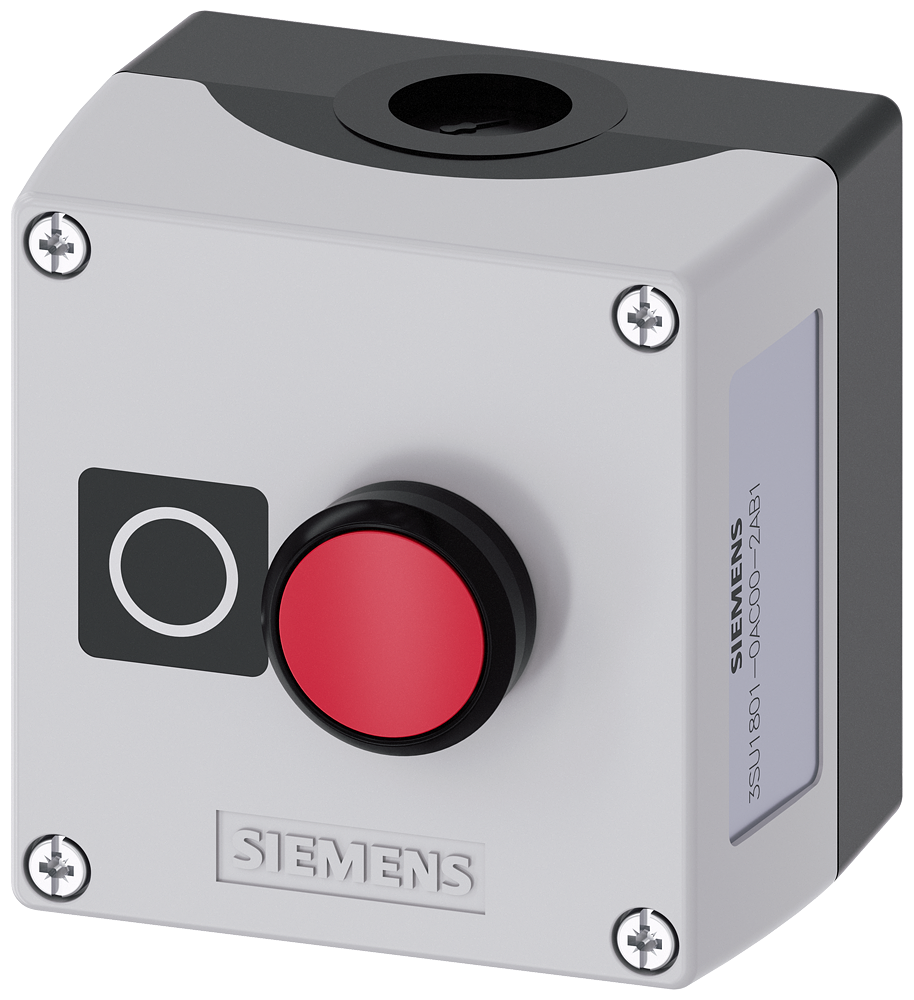 Siemens SIRIUS ACT Enclosure for command devices, 22 mm, round, Enclosure material plastic, enclosure top part gray, 1 control point plastic, Recess for label, A=Pushbutton red, label: O, 1 NC, screw terminal, floor mounting, Label enclosed (3SU1801-0AC00-2AB1)