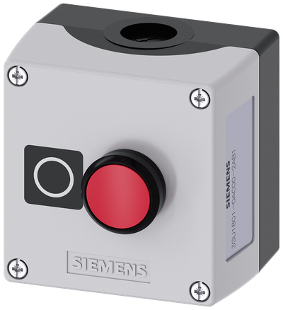 Siemens SIRIUS ACT Enclosure for command devices, 22 mm, round, Enclosure material plastic, enclosure top part gray, 1 control point plastic, Recess for label, A=Pushbutton red, label: O, 1 NC, screw terminal, floor mounting, Label enclosed