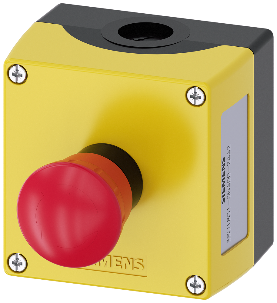 Siemens SIRIUS ACT Enclosure for command devices, 22 mm, round, Enclosure material plastic, Enclosure top part yellow, 1 control point plastic, Control point in center, A=EMERGENCY STOP mushroom pushbutton red, 40 mm, rotate-to-unlatch, 1 NC, screw terminal, floor mounting, 1XM20 each on top and bottom (3SU1801-0NA00-2AA2)