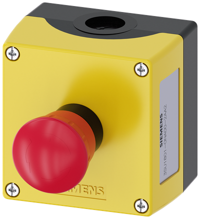 Siemens SIRIUS ACT Enclosure for command devices, 22 mm, round, Enclosure material plastic, Enclosure top part yellow, 1 control point plastic, Control point in center, A=EMERGENCY STOP mushroom pushbutton red, 40 mm, rotate-to-unlatch, 1 NC, screw terminal, floor mounting, 1XM20 each on top and bottom