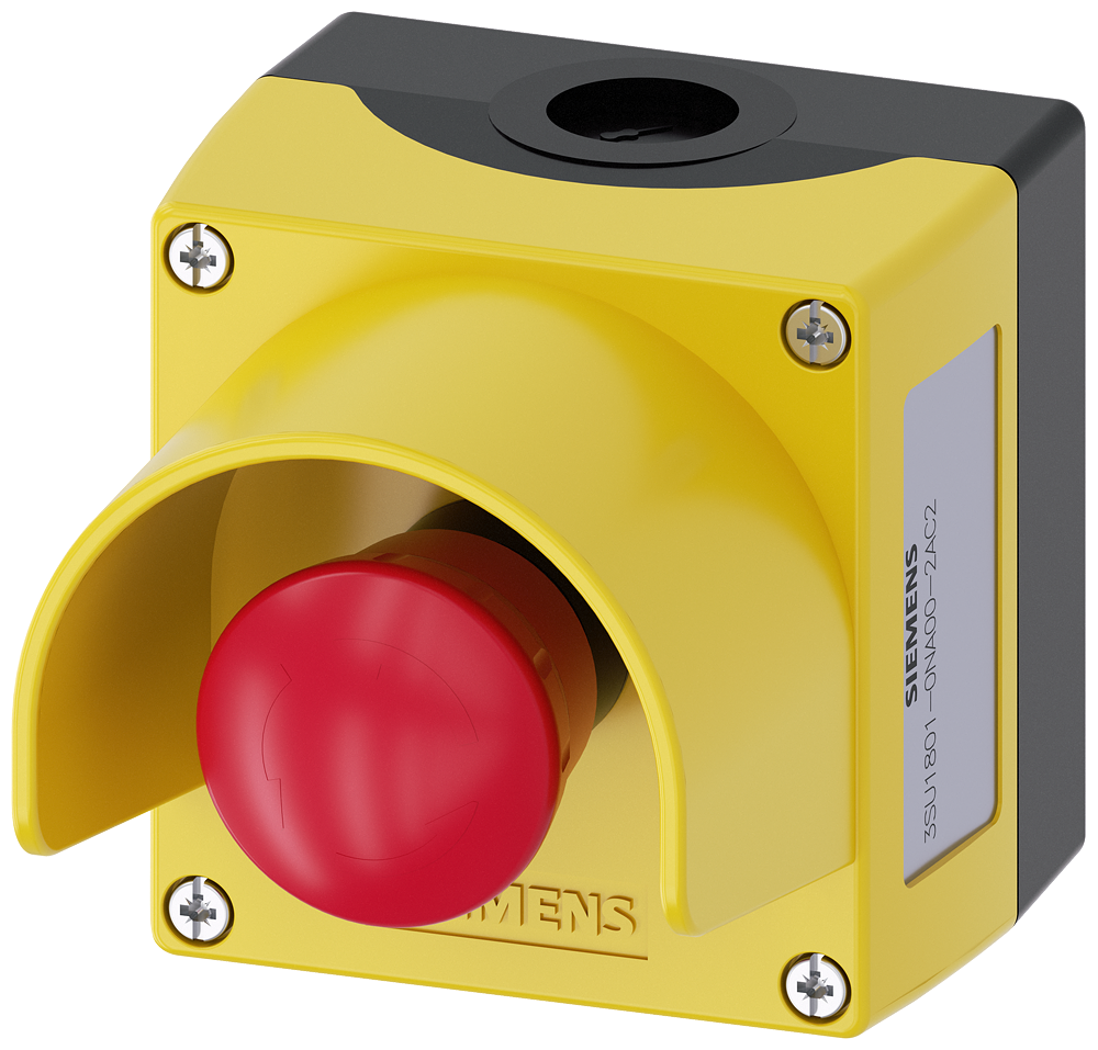 Siemens SIRIUS ACT Enclosure for command devices, 22 mm, round, Enclosure material plastic, Enclosure top part yellow, 1 control point plastic, with protective collar, A=EMERGENCY STOP mushroom pushbutton red, 40 mm, rotate-to-unlatch, 1 NC, screw terminal, floor mounting, 1XM20 each on top and bottom (3SU1801-0NA00-2AC2)