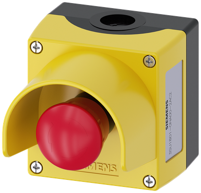 Siemens SIRIUS ACT Enclosure for command devices, 22 mm, round, Enclosure material plastic, Enclosure top part yellow, 1 control point plastic, with protective collar, A=EMERGENCY STOP mushroom pushbutton red, 40 mm, rotate-to-unlatch, 1 NC, screw terminal, floor mounting, 1XM20 each on top and bottom