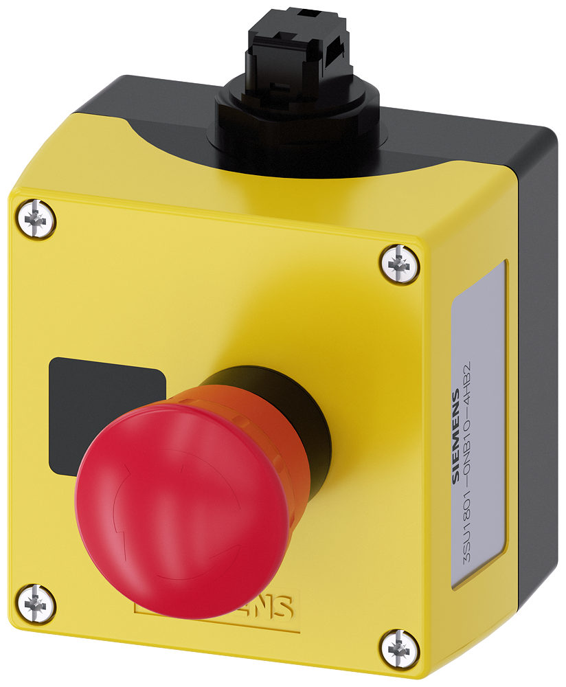 Siemens SIRIUS AS-Interface enclosure for command devices, 22 mm, round, Enclosure material plastic, Enclosure top part yellow, 1 control point plastic, Recess for label, A=EMERGENCY STOP mushroom pushbutton red, 40 mm, rotate-to-unlatch, 1 NC, 1 NC, spring-type terminal, floor mounting, Insulation displacement system on top, Label enclosed (3SU1801-0NB10-4HB2)