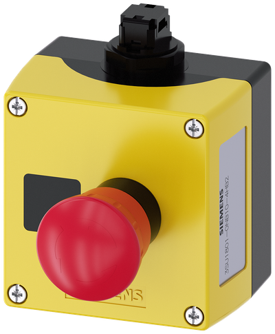 Siemens SIRIUS AS-Interface enclosure for command devices, 22 mm, round, Enclosure material plastic, Enclosure top part yellow, 1 control point plastic, Recess for label, A=EMERGENCY STOP mushroom pushbutton red, 40 mm, rotate-to-unlatch, 1 NC, 1 NC, spring-type terminal, floor mounting, Insulation displacement system on top, Label enclosed