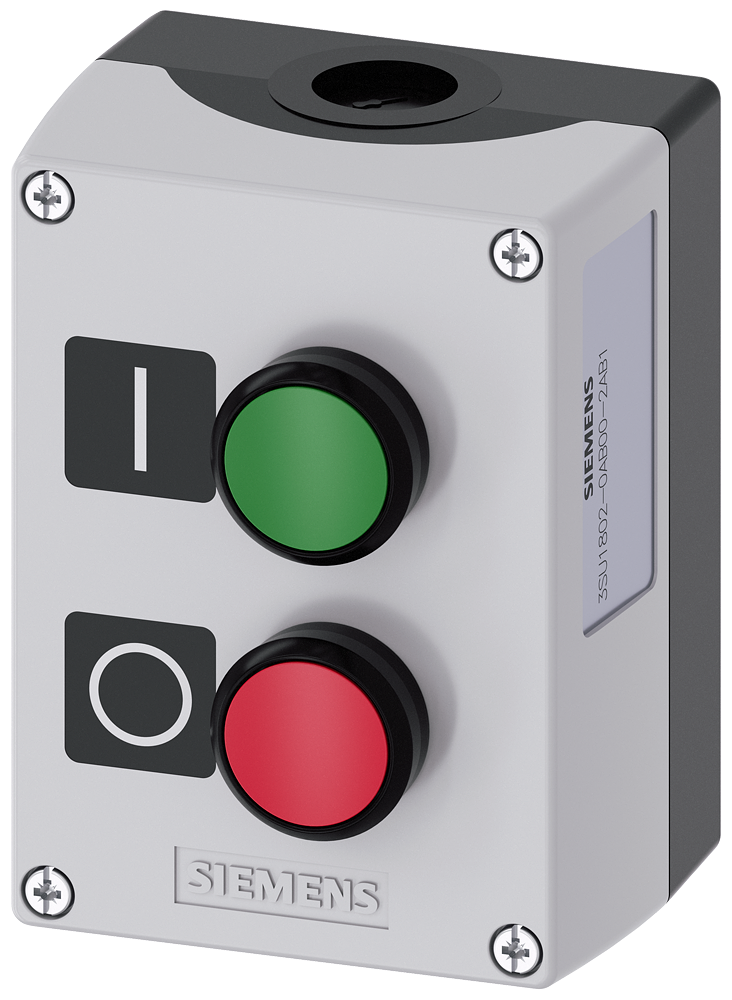 Siemens SIRIUS ACT Enclosure for command devices, 22 mm, round, Enclosure material plastic, enclosure top part gray, 2 control points plastic, B=Pushbutton green, label: I, 1 NO, screw terminal, A=Pushbutton red, label: O, 1 NC, screw terminal, floor mounting, 1XM20 each on top and bottom, Labels enclosed (3SU1802-0AB00-2AB1)