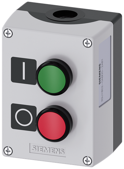 Siemens SIRIUS ACT Enclosure for command devices, 22 mm, round, Enclosure material plastic, enclosure top part gray, 2 control points plastic, B=Pushbutton green, label: I, 1 NO, screw terminal, A=Pushbutton red, label: O, 1 NC, screw terminal, floor mounting, 1XM20 each on top and bottom, Labels enclosed