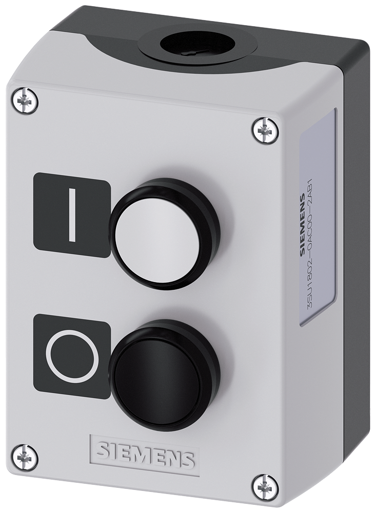 Siemens SIRIUS ACT Enclosure for command devices, 22 mm, round, Enclosure material plastic, enclosure top part gray, 2 control points plastic, Recess for labels, B=Pushbutton white, label: I, 1 NO, screw terminal, A=Pushbutton black label: O 1 NC, screw terminal, floor mounting, Labels enclosed (3SU1802-0AC00-2AB1)