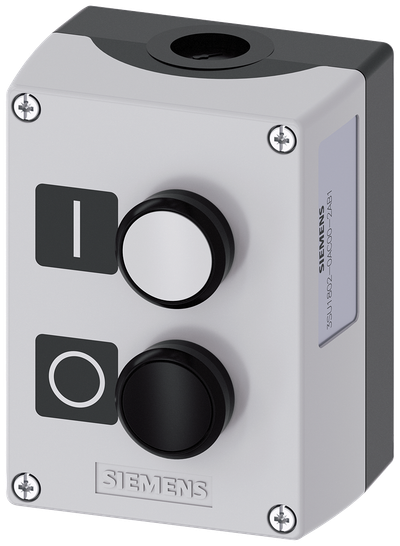 Siemens SIRIUS ACT Enclosure for command devices, 22 mm, round, Enclosure material plastic, enclosure top part gray, 2 control points plastic, Recess for labels, B=Pushbutton white, label: I, 1 NO, screw terminal, A=Pushbutton black label: O 1 NC, screw terminal, floor mounting, Labels enclosed