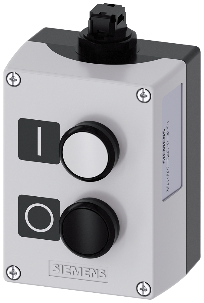 Siemens SIRIUS AS-Interface enclosure for command devices, 22 mm, round, Enclosure material plastic, enclosure top part gray, 2 control points plastic, Recess for labels, B=Pushbutton white, label: I, 1 NO, spring-type terminal, A=Pushbutton black label: O 1 NC, spring-type terminal, floor mounting, Insulation displacement system on top, Labels enclosed (3SU1802-0AC10-4HB1)