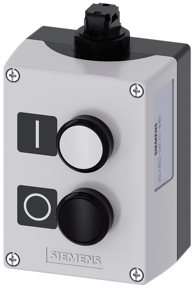 Siemens SIRIUS AS-Interface enclosure for command devices, 22 mm, round, Enclosure material plastic, enclosure top part gray, 2 control points plastic, Recess for labels, B=Pushbutton white, label: I, 1 NO, spring-type terminal, A=Pushbutton black label: O 1 NC, spring-type terminal, floor mounting, Insulation displacement system on top, Labels enclosed