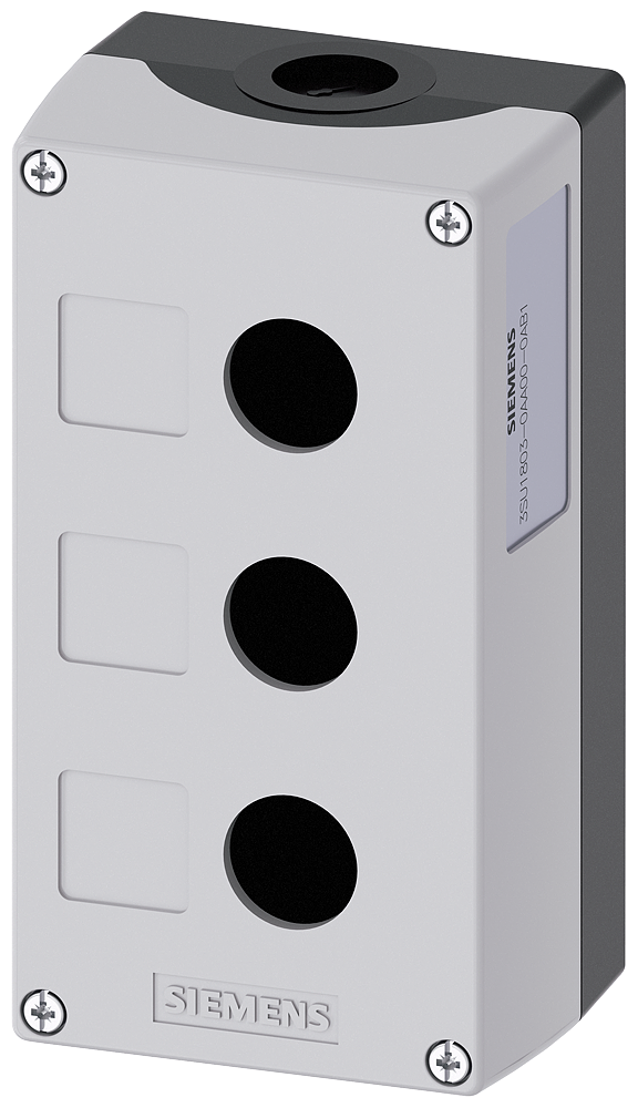 Siemens SIRIUS ACT Enclosure for command devices, 22 mm, round, Enclosure material plastic, enclosure top part gray, 3 control points plastic, Recess for labels, without equipment (3SU1803-0AA00-0AB1)