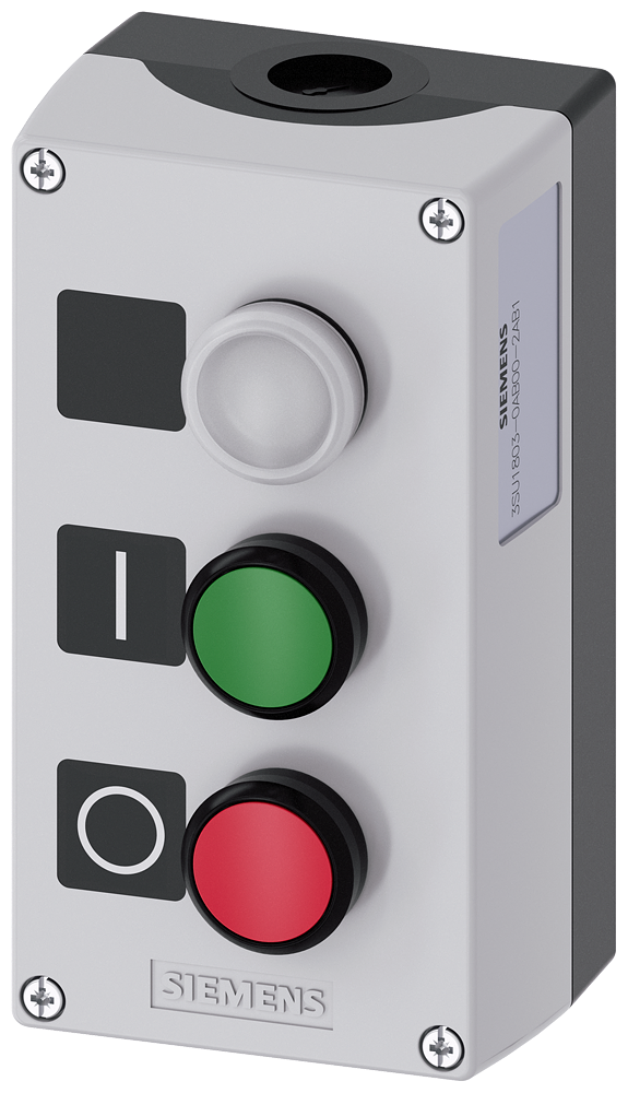 Siemens SIRIUS ACT Enclosure for command devices, 22 mm, round, Enclosure material plastic, enclosure top part gray, 3 control points plastic, C=Indicator light clear, label LED 24 V, screw terminal, B=Pushbutton green, label: I, 1 NO, screw terminal, A=Pushbutton red, label: O, 1 NC, screw terminal, floor mounting, 1XM20 each on top and bottom, Labels enclosed (3SU1803-0AB00-2AB1)